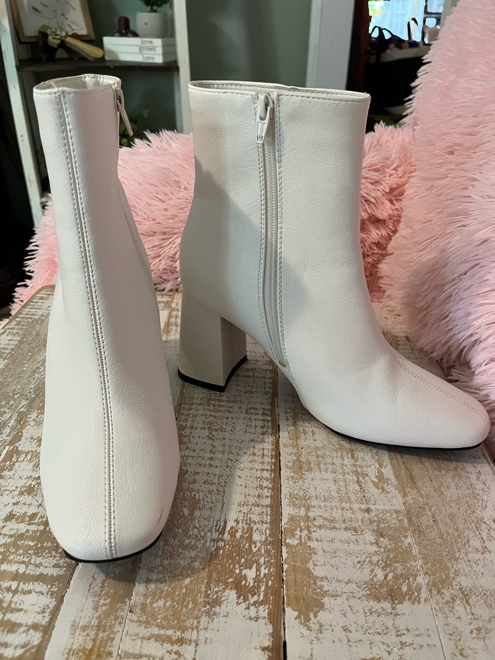 Women's Cream Block Heel Ankle Boots with Side Zip